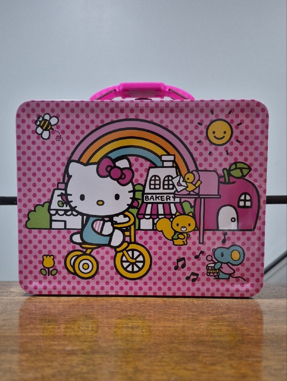 🎀Hello Kitty Pink Rainbow/Polka Dots Bakery Tin Lunch Box with Handle 🎀 NEW